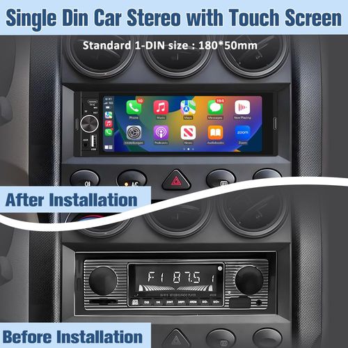 Pyniro Universal Single Din Car Stereo with Wireless CarPlay & Android Auto, 6.36 Inch IPS Touch Screen Head Unit with Backup Camera/External Microphone, Car Radio Supports Bluetooth/SWC/FM/USB/TF