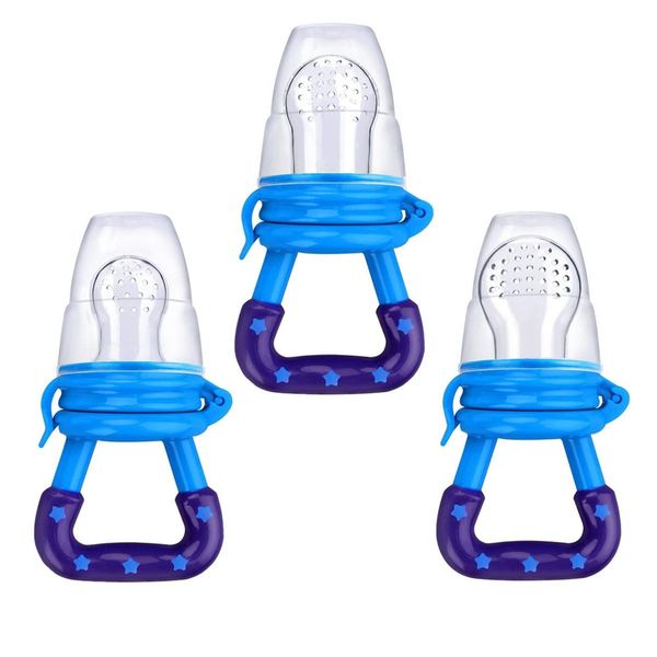 Baby Food Feeder 3 Pack Fresh Fruit Silicone Nipple Teething Toy Reusable Aching Gums Pacifier Blue by Mluchee