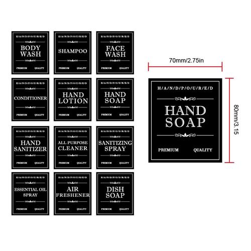 24Pcs Waterproof Soap Labels for Bottles Self Adhesive Removable Bottle Stickers for Hand Soap Dispenser Shampoo Lotion Conditioner Bathroom Kitchen Laundry Organization (3.15 x 2.76 inch Black)