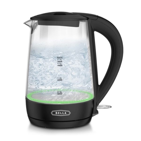 BELLA 1.7 Liter Glass Electric Kettle, Quickly Boil 7 Cups of Water in 6-7 Minutes, Soft Green LED Lights Illuminate While Boiling, Cordless Portable Water Heater, Carefree Auto Shut-Off, Black