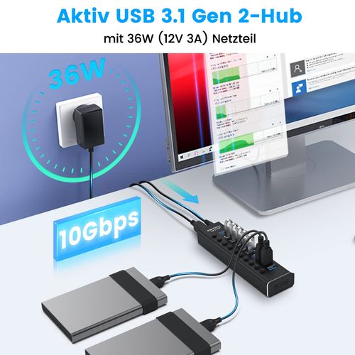 RSHTECH USB 3.1 Hub with Power Supply 36 W, with 10 x 10 Gbps USB 3.2 Port Aluminium USB Hub 3.2 Gen2 Active with Power Supply 12 V/3 A and 2 Data Cable (Type C & Type A), for Charging and Data