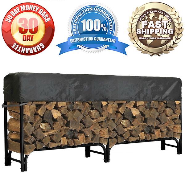 8ft Outdoor Firewood Log Rack Storage Short Cover All-Weather Protection, Black