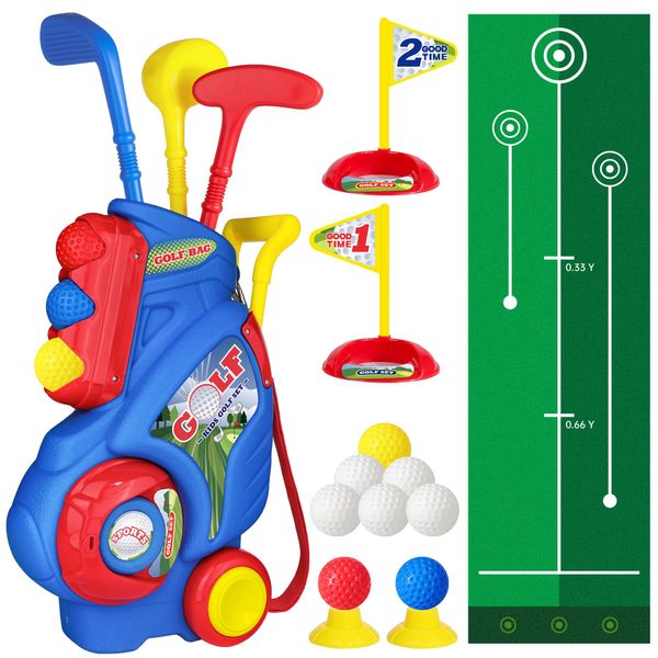 Popsunny Toddler Golf Set for 2 3 4 5 Years Old, Kids Golf Clubs Set with Golf Cart & Putting Mat, Outdoor Indoor Sports Toys Birthday for Boys Girls, Blue