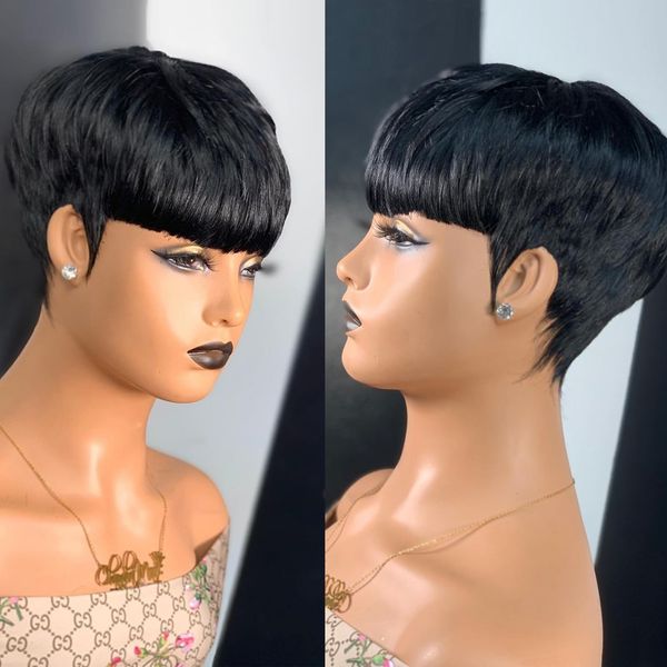 QiaQiaRing Pixie Cut Wig Human Hair Wigs For Black Women Short Layered Pixie Cut Wigs Full Machine Made Wigs Brazilian Virgin Human Hair Wigs For Women Glueless Wigs Natural Black Color