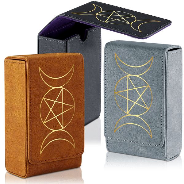 Lewtemi 3 Pcs Leather Tarot Card Case Holder Sun Moon Tarot Box Tarot Card Bag Tarot Organize Storage Box, Universal Game Tarot Deck Holder for Most Standard Size Tarot Cards, Black, Grey, Brown