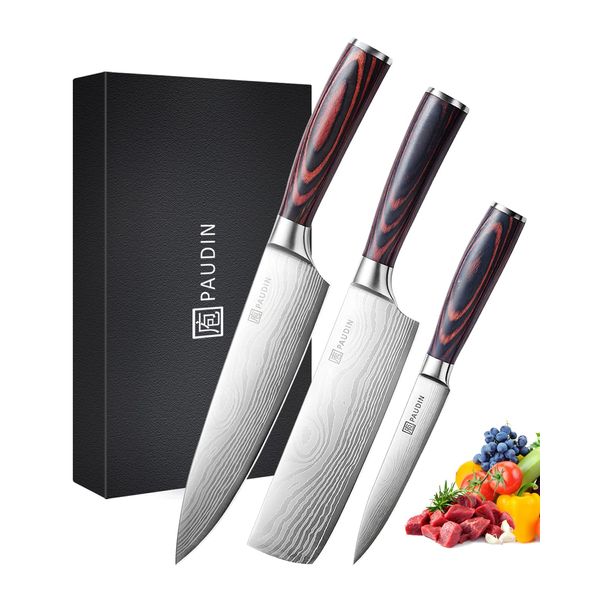 PAUDIN Gyu Knife Set, Vegetable Knife, Petty Knife, 3-Piece Set, Double-edged Knife, 5Cr15Mov High Carbon Stainless Steel, Rust Resistant, Long Sharp, Wooden Handle, Meat Cutter, Fish Cutter, Vegetable Knife, Gift