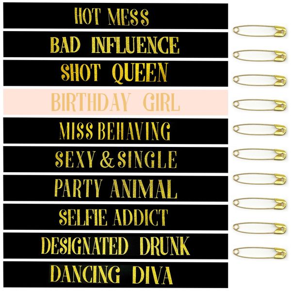 BLMHTWO 10pcs Birthday Sashes for Group Birthday Group Sashes Birthday Sashes Girls Group Birthday Sash for Women Girls With 9pcs Black Satin Sashes+1pcs Pink Birthday Girl Sash for Parties Decoration