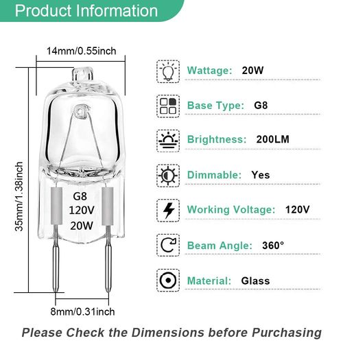 TAIYALOO G8 Halogen Light Bulbs 20W Dimmable 120V G8 Base 2Pin Xenon Bulb (12 Pack) T4 JCD Type Warm White Under Cabinet Puck Lighting Replacements