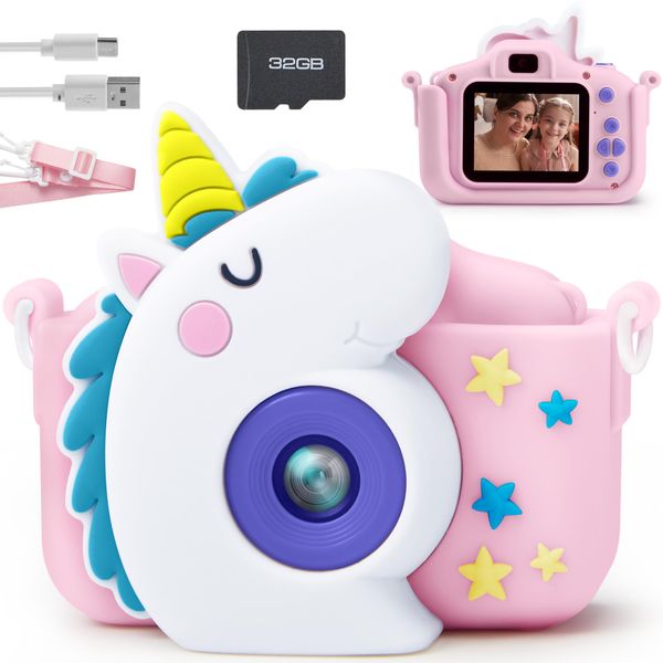 SYNCFUN Kids Camera, Christmas Birthday Gifts for Girls 3 4 5 6 7 8 Year Old, Unicorn Toys Selfie Toddler Camera, 1080P HD Selfie Digital Video Camera with 32GB SD Card (Unicorn)