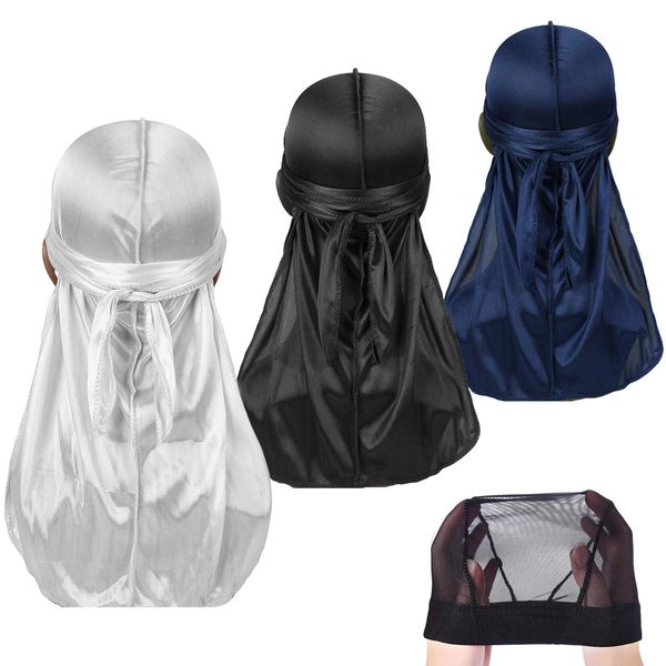 3 Pieces Silky Durag Pack with Wave Cap for Men Women Waves, Satin Doo Rag, Head Wrap Durag Long Tail Headscarf Soft Cap for Hair Waves