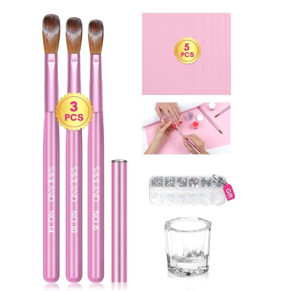 Saviland Acrylic Nail Brush Kit: Rose Gold Acrylic Brushes Size 6/10/14 3A+ Nail Art Brushes for Acrylic Powder & Monomer Nail Rhinestones Dappen Dish Nail Art Table Mat Acrylic Nail Beginners Gift