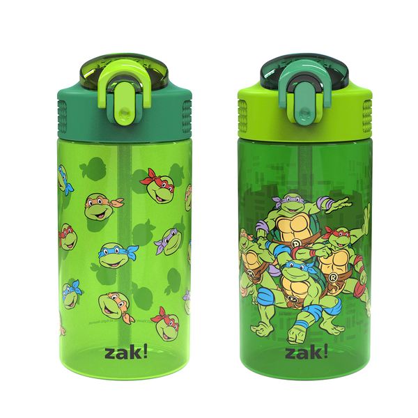 Zak Designs Teenage Mutant Ninja Turtles Kids Water Bottle For School or Travel, 16oz 2-Pack Durable Plastic Water Bottle With Straw, Handle, and Leak-Proof, Pop-Up Spout Cover (TMNT)