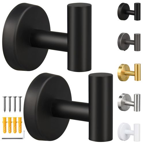 Mdvora 2/4/8 Pack Towel Hooks, Robe Hook, Bathroom Coat Hook Wall Mounted, SUS304 Stainless Steel Bathroom Hooks, Towel Hook for Bedroom Kitchen Hotel Office(2 Pack Matte Black)