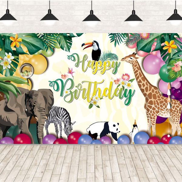 Happy Birthday Banner for Jungle Safari Theme Birthday Party Decorations, Fabric Animal Zoo Theme Birthday Party Backdrop Tropical Forest Poster for Boys Girls Birthday Party Wall Supplies, 185*110cm