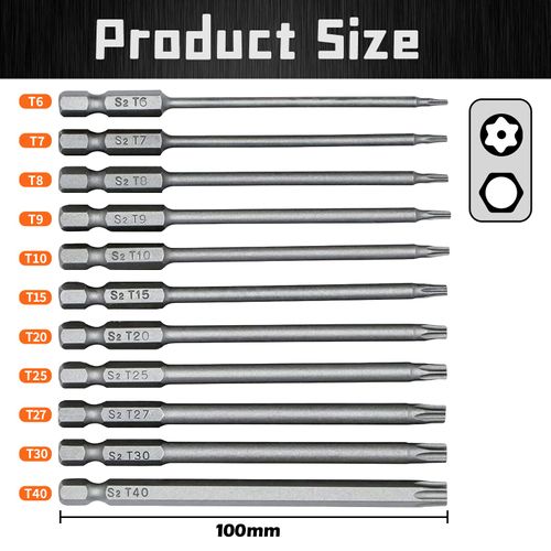 ToKinCen 11 Pieces Torx Screwdriver Bits, S2 Steel 100mm 1/4 Inch Hex Screwdriver Bits Set T6-T40 Long Magnetic Star Torx Security Screwdriver Bits Set for Electric Manual Screwdrivers