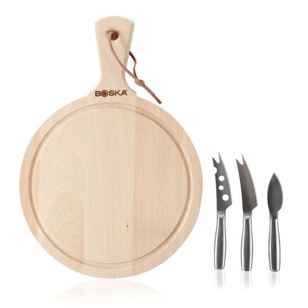 BOSKA Amigo 358204 Cutting Board Stainless Steel/Wood 13.2 x 9.4 x 1.3 inches (33.5 x 23.8 x 3 cm), Cheese Board & Mini Cheese Knife Set of 3