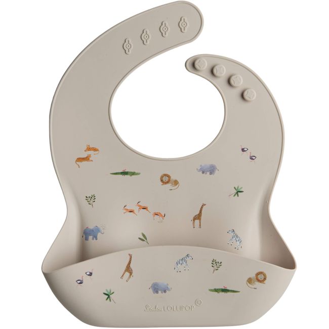 Loulou Lollipop Soft, Waterproof Silicone Feeding Bib for Babies and Toddlers 3 to 36 Months, Easy to Clean, Adjustable Fit and Catch-All Pouch - Safari