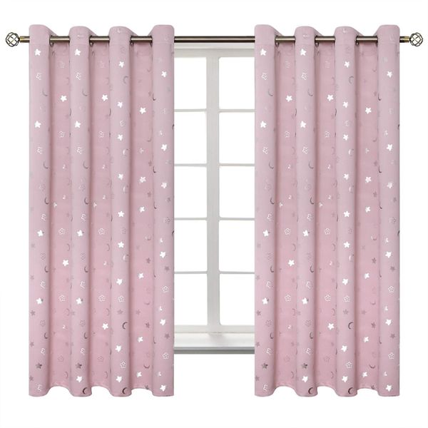 BGment Moon and Stars Blackout Curtains for Girls Bedroom, Grommet Thermal Insulated Room Darkening Printed Kids Curtains, 2 Panels of 52 x 63 Inch, Light Pink