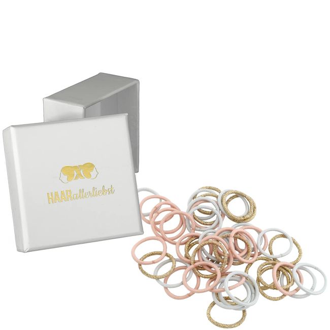 HAARallerliebst Haargummis mini extra klein (45 Stück | rosa, hellblau, gold | 2 cm) inkl. Schachtel zur Aufbewahrung (Schachtelfarbe: weiss)