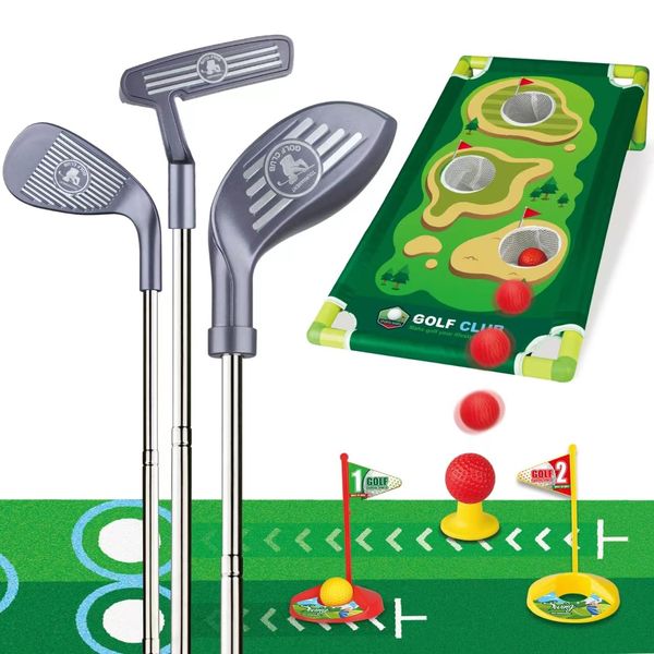 RCROKS Toddler Golf Clubs Set Adjustable, Upgraded Kids Golf Toys with Cornhole Putting Mat, Indoor & Outdoor Backyard Golf Game Toy Playset Gifts for Aged 2 3 4 5 6 7 8 Toddlers Kids Baby (Grey, M)