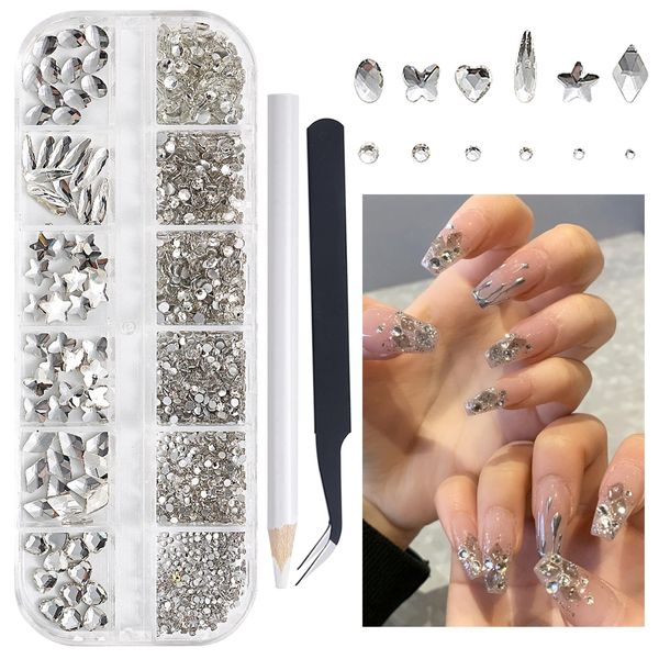 SUTOKAKA 3D Crystal Clear Glass Nail Art Rhinestones Kit Multi Shapes Flatback Silver Rhinestones Gems Round Diamond Jewels Beads with Wax Pencil Tweezer for Face Eyes Makeup Manicure Crafting