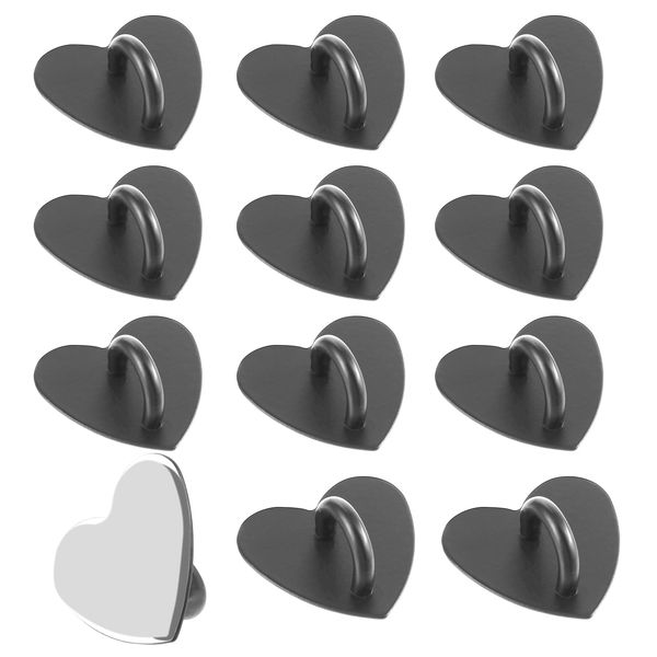 Amabro 12PCS Phone Holder Heart Phone Ring, Self-Adhesive Cell Phone Hook Cell Phone Charm Hook for Cell Phone Tablet DIY Accessories (Heart Shaped Black)