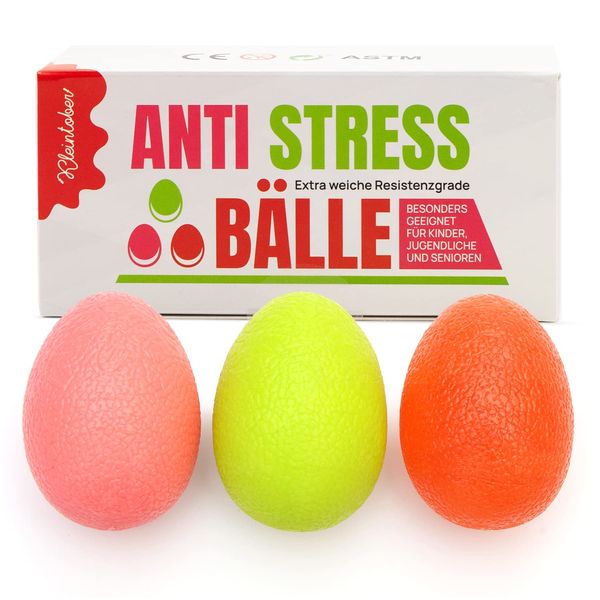 KLEINTOBER Eiförmige Antistressbälle | 3 Stück Griffbälle für Entspannung, als Fingertrainer und für die Motorik, verschiedene Härtegrade | Anti-Stress-Ball