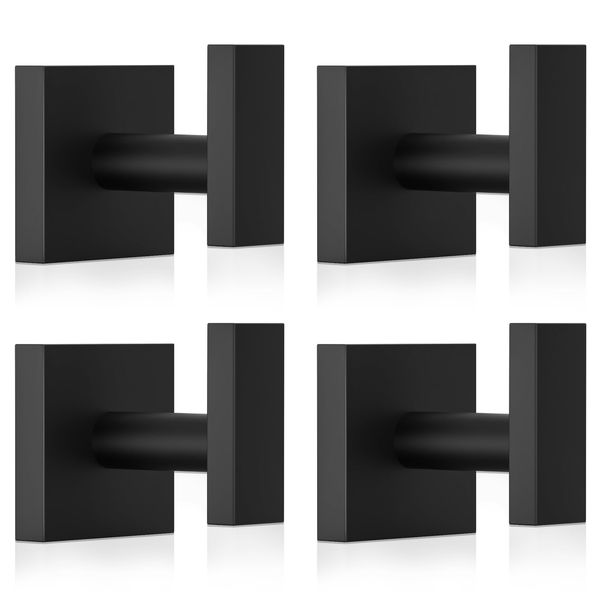 IBosins 4-Pack Bathroom Hooks Hand Towel Holder Matte Black Wall Hooks for Livingroom Bedroom Kitchen Closet Heavy Duty Stainless Steel Hook Hanger for Robe, Bath Towel, Coat (Square)