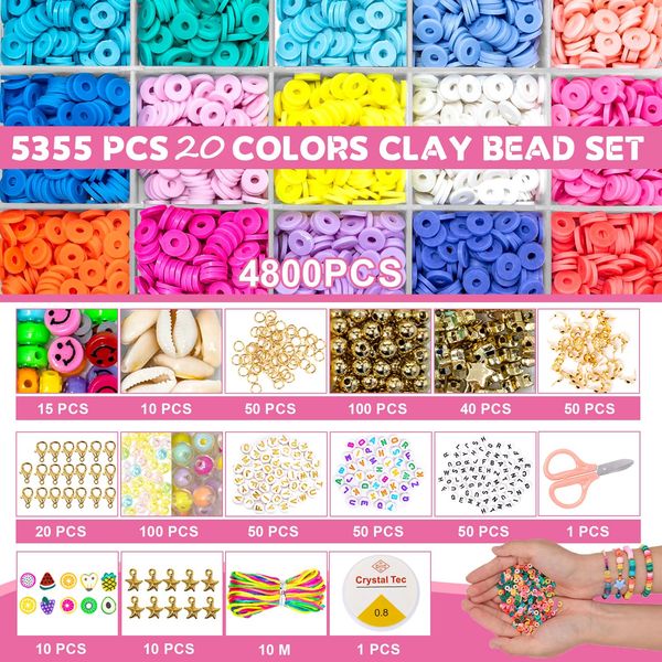 Hmeuest Clay Beads, 20 Colors 5355 Pcs Bracelet Making Kit, Clay Beads Bracelet Making Kit for DIY Crafts, Birthday Christmas Gifts for 6-12 Year Old Girls