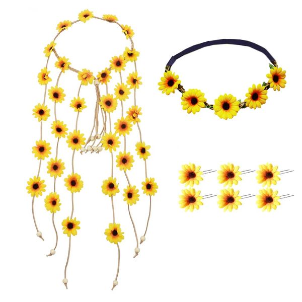 Joyci 8 Pieces Sunflower Hair Accessories Set Sunflower Headbands Hairpins Boho Hair Wreath Headdress Flower Headpiece for Wedding,Photo Shot,Hippie Party (Wreath Set A)