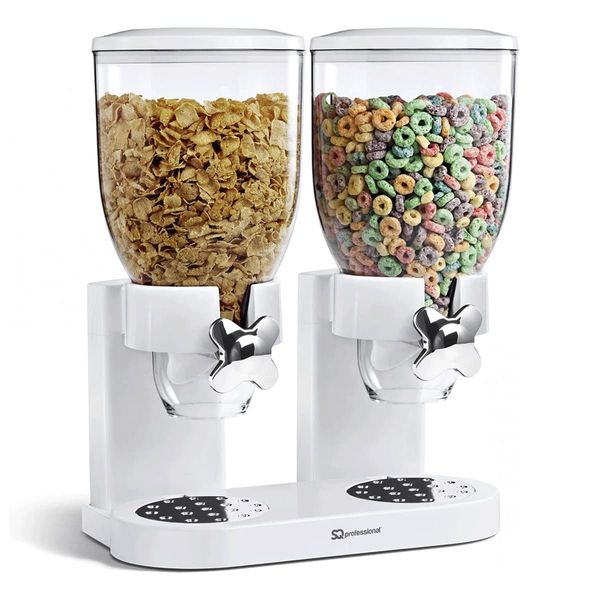 SQ Pro Double Round Cereal Dispensers - Plastic Dry Food Canisters With Stand-Kitchen Storage Dispenser -Transparent Storage Container for Cornflakes, candy, nuts, beans, granola