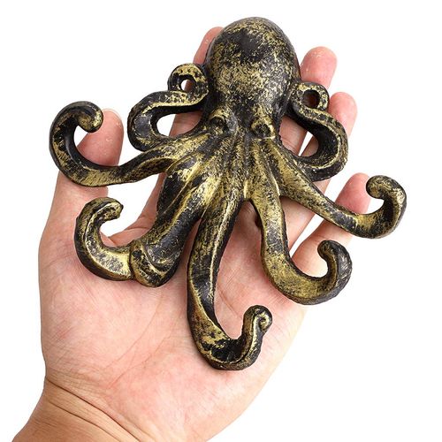 BSTKEY Cast Iron Octopus 5 Tentacles Decorative Wall Hook - Rustic Towel Hook Key Hook Coat Coat Rack Towels Holder (Green Bronze)