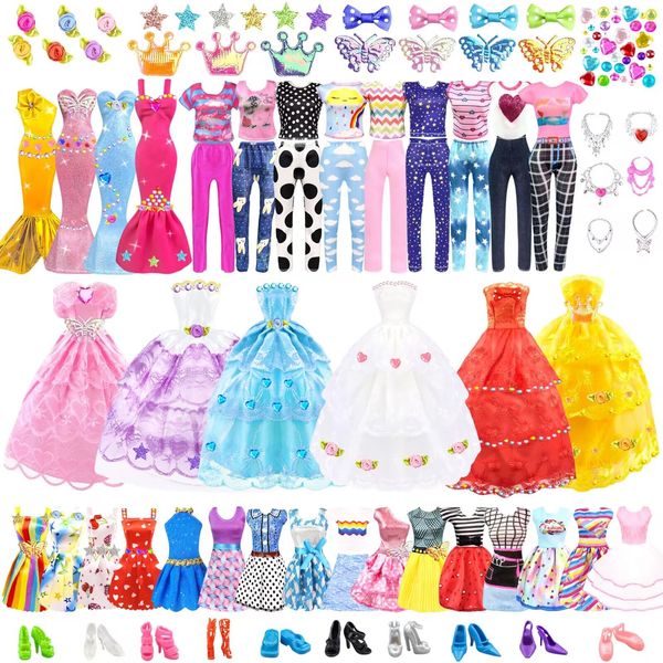 75Pcs Doll Clothes and Accessories Fashion Design kit for 11.5 Inch Doll Dress Up Including 2 Wedding Gown Dresses 1 Fashion Dress 2 Party Dress 8 Mini Dresses 3 Tops and Pants 10 Shoes 6 Necklaces