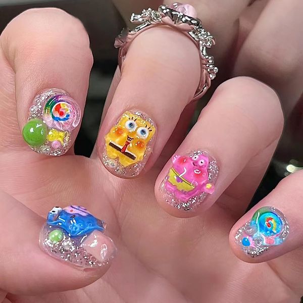 Cute Press on Nails Square Short Length 24Pcs Glossy Full Cover Artificial Fake Nails with Cartoon Ocean Designs Acrylic False Nails Glue on Nails Square Stick on Fingernails for Women Girls