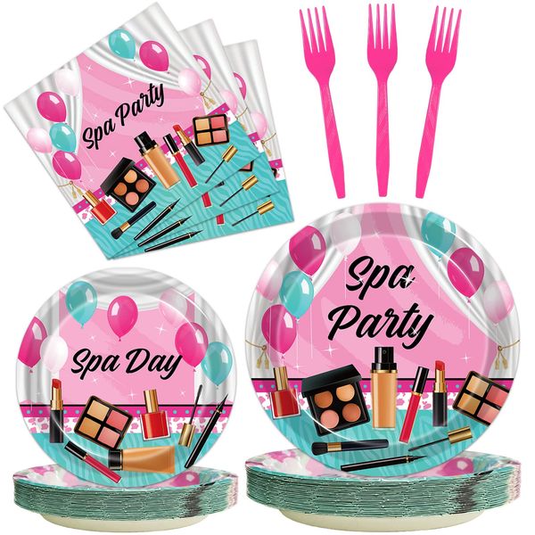 Kepeel 96 Pcs Spa Party Plates and Napkins Set, Spa Day Makeup Party Supplies Decorations for Girls Kids Princess Sweet Pink Make up Theme Birthday Party Tableware Kit, Serves 24