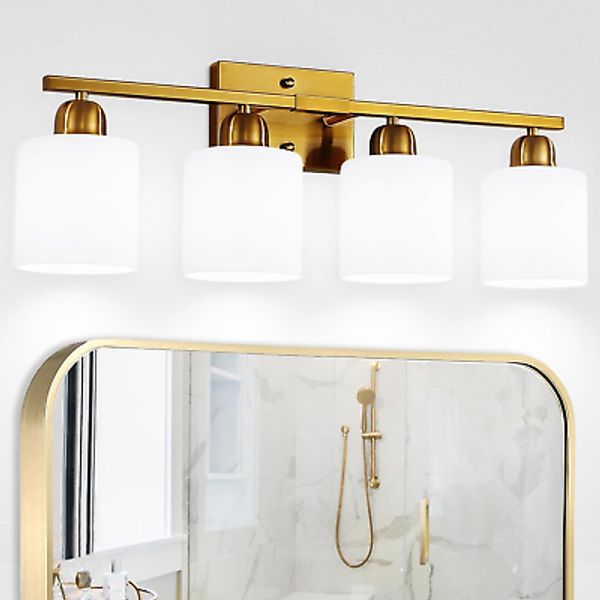 5-Light Gold Bathroom Light Fixtures Gold Vanity Light Milky White Frosted Glass