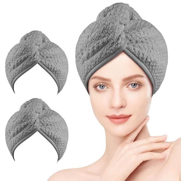 HOMEXCEL Microfiber Hair Towel Wrap, 2 Pack Hair Turbans for Wet Hair, Super Absorbent Dry Hair Towel Wrap for Curly Hair, Anti Frizz Microfiber Towel for Women, 26 x 10 inch, Grey