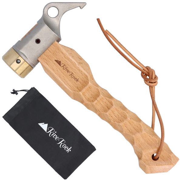 RiveRock Short Peg Hammer, Stainless Steel, Chestnut Processing Handle, Small, Canvas Bag, Compact, Brass Head, Storage Bag (Short Hammer)