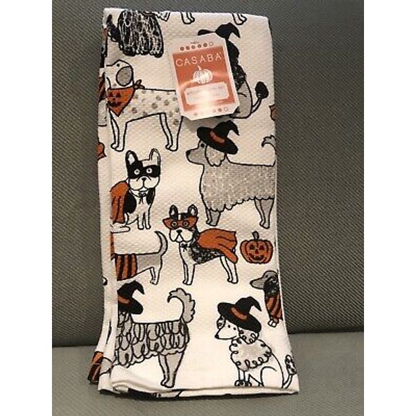 CASABA  HALLOWEEN  KITCHEN TOWELS SET OF 2 DOGS COSTUMES GRAY BLACK ORANGE NWT