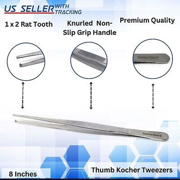 Kocher Thumb Forceps 1x2 Rat Tooth Surgical Lab Tweezers German Grade 8"