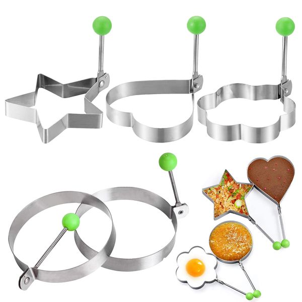 Egg Ring Non Stick 5 Pieces, Stainless Steel Egg Ring Molds 3.7-4.1 in, Love Heart Star Flowers Egg Cooking Rings, Frying Pancake Mcmuffins