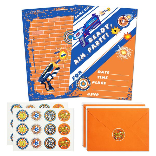 ELGGIH 24 Pack Dart War Birthday Invitations Nerf Dart War Gun Party Invitation Cards, 24 Pack Dart War Sticker Labels, 24 Envelopes Dart War Nerf Party Supplies for Boys Kids Birthday Party