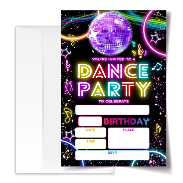 ANYEMW 4x6 Dance Party Birthday Invitations, Disco Birthday Party Decorations, Glow Party Supplies, Neon Glow Birthday Party Invitations, Kids Birthday Invitations, 20 Cards with 20 Envelopes.(37)