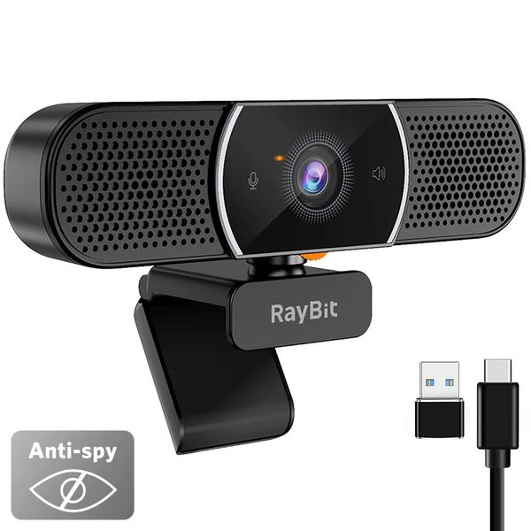 RayBit 3 in 1 Webcam - 2K HD USB C Webcam with Microphone, Speaker and Privacy Cover, Noise Reduction & Stereo Sound, Autofocus Conference Web Camera for Computer/PC/Desktop/Laptop/Zoom/Skype/Teams…