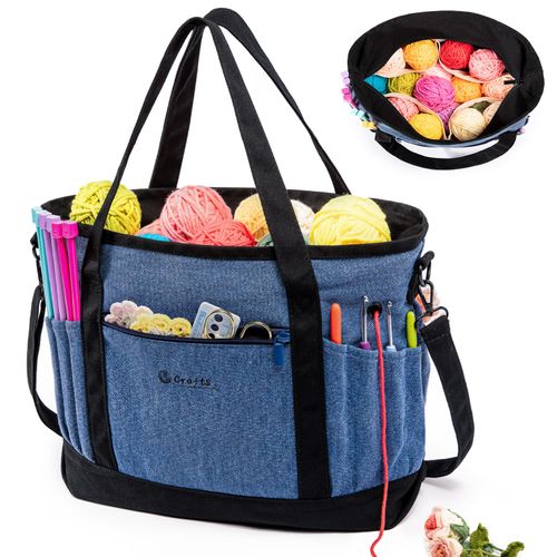 MYBAGZING Canvas Yarn Storage Organizer Bag Washable Crochet Bag with Pockets for Yarn, Hooks, Needles – Travel Knitting Tote for Crafters – Gift for Crocheters & Knitters (Medium/Large)
