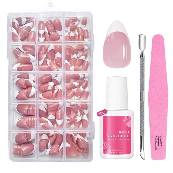 Press on Nails Kit - Almond Fake Nails with Glue - 240pcs French Press on Nails Short - Nude Color Stick on Nails - Acrylic Fake Nails for Women White Tip Nail Manicure Accessories