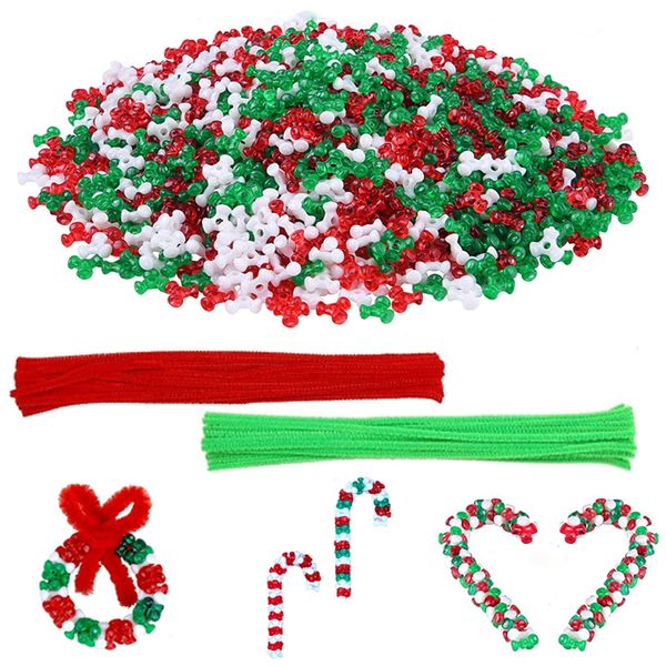 LTGICH 1000Pcs Christmas Tri Beads Plastic Beaded Ornament Kit with 30 Pieces Red and Green Chenille Stems Pipe Cleaners for Christmas Tree House Decorations Party DIY Craft Kit