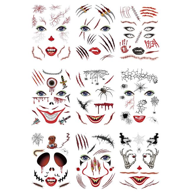 Nirbffo Halloween Face Temporary Tattoos Blade Eyeball Zombie Scars 3D Wounds Tattoos Bloody Face sticker Makeup Bleeding Fake Stickers Tattoo for Halloween Cosplay Party 9 Sheets