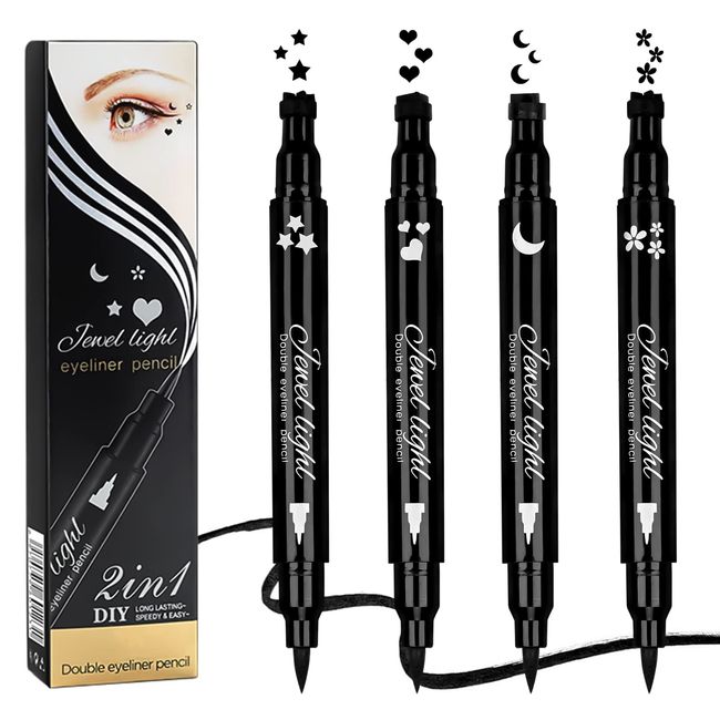 Eyeliner-Stempel, 4 Stück, 2-in-1, wasserdicht, flüssiger Eyeliner, Stift, langanhaltend, Eyeliner, in Flügelform, Make-up-Stempel, Doppelkopf, Mond, Blume, Herz, für Augendekoration