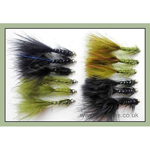 Trout Flies,12 Flash Damsels, Olive & Black, Blue and Red Flash, Size 10